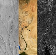 Esempio di network fluviali su Marte (sinistra), Terra (centro) e Titano (destra) Credit: Benjamin Black, adapted from images from NASA Viking, NASA/Visible Earth, and NASA/JPL/Cassini RADAR team. Esempio di network fluviali su Marte (sinistra), Terra (centro) e Titano (destra) Credit: Benjamin Black, adapted from images from NASA Viking, NASA/Visible Earth, and NASA/JPL/Cassini RADAR team.